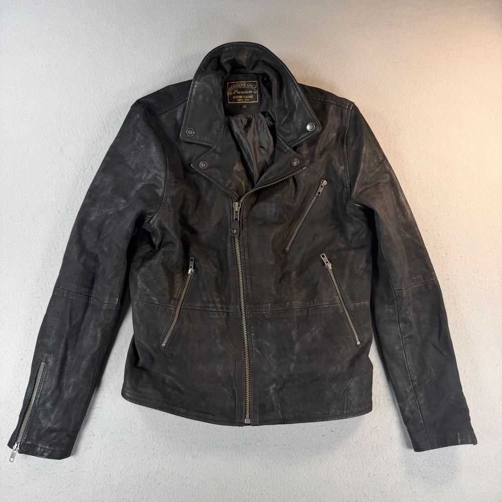 VTG Members Only Premium Black Leather Biker Jacket Mens Small Moto Zip Up